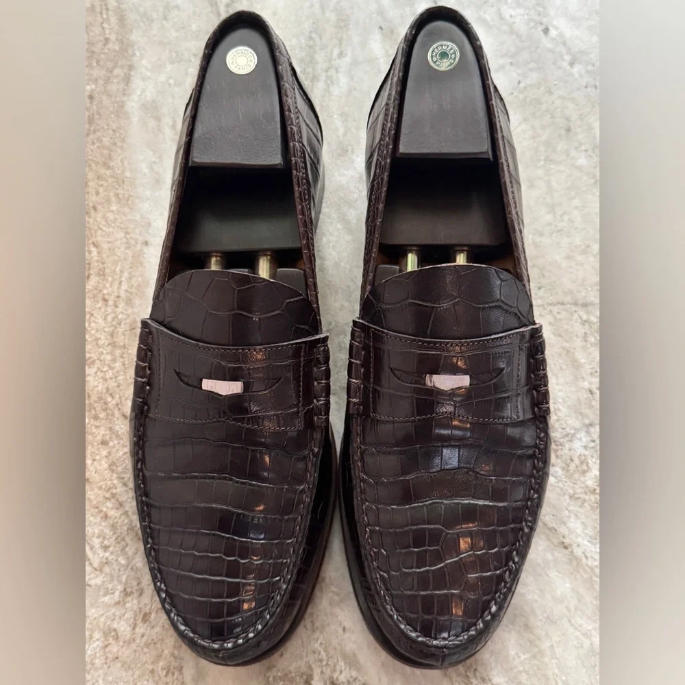 HERMES Crocodile Brown Alligator Leather Penny Loafer Shoes 10 US 43 Euro 9 UK - Picture 1 of 16